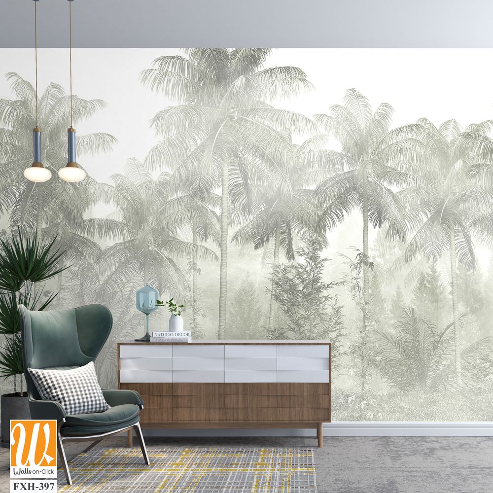 Tropical trees and leaves in foggy forest wallpaper design - 3D illustration [WP-FXH-397]