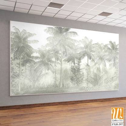 Tropical trees and leaves in foggy forest wallpaper design - 3D illustration [WP-FXH-397]