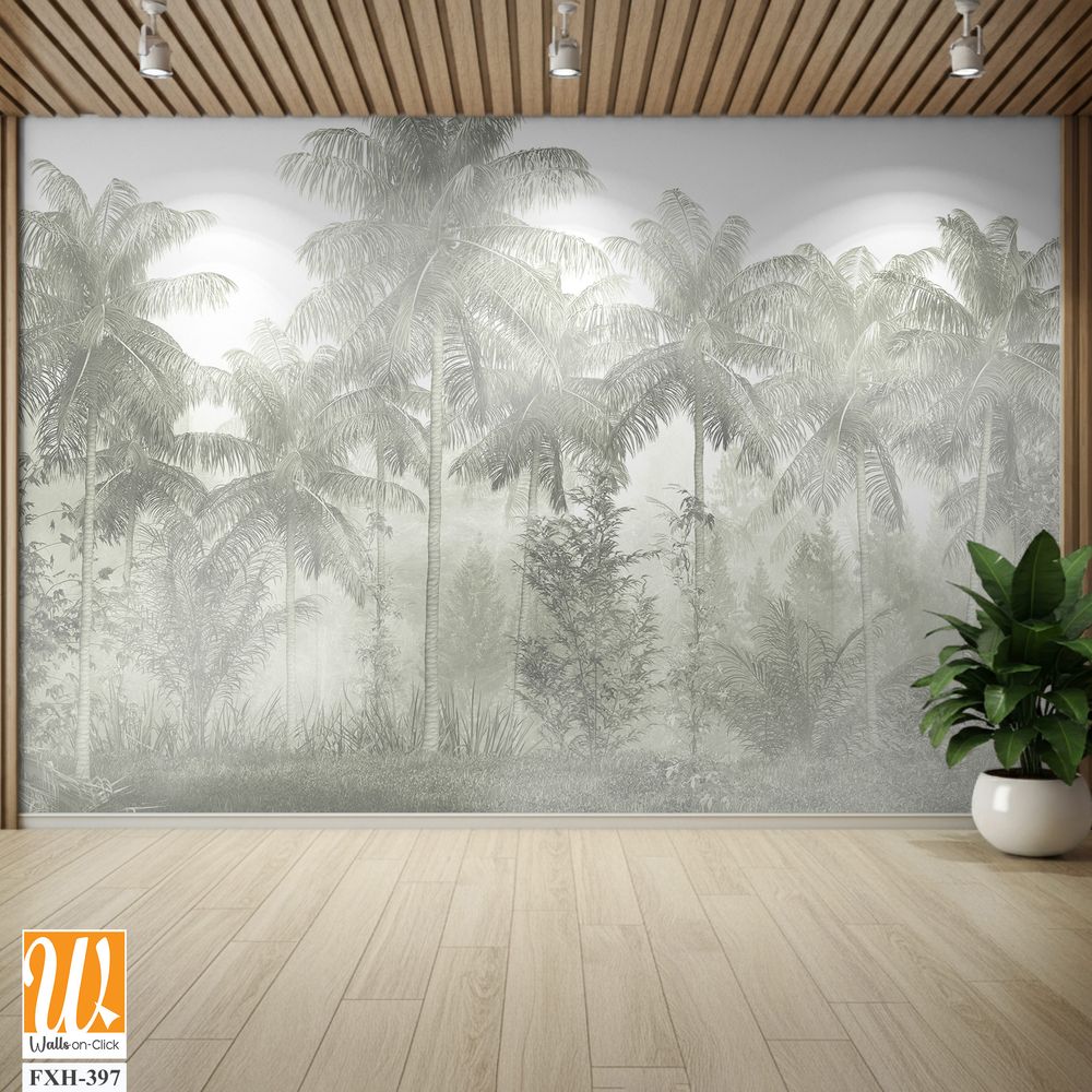 Tropical trees and leaves in foggy forest wallpaper design - 3D illustration [WP-FXH-397]