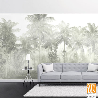 Tropical trees and leaves in foggy forest wallpaper design - 3D illustration [WP-FXH-397]