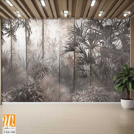 Tropical trees and leaves in foggy forest wallpaper design - 3D illustration [WP-FXH-398]