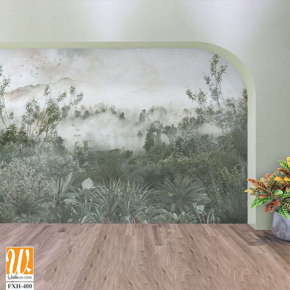 Tropical trees and leaves for digital printing wallpaper, custom design wallpaper - 3D illustration [WP-FXH-400]