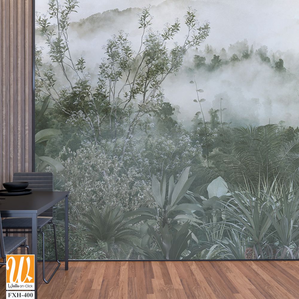 Tropical trees and leaves for digital printing wallpaper, custom design wallpaper - 3D illustration [WP-FXH-400]