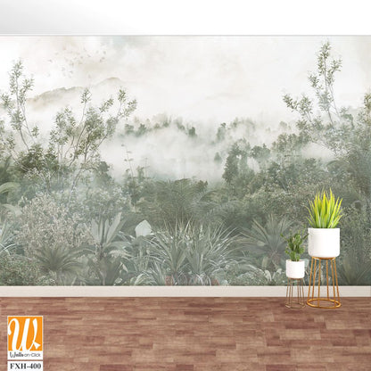 Tropical trees and leaves for digital printing wallpaper, custom design wallpaper - 3D illustration [WP-FXH-400]