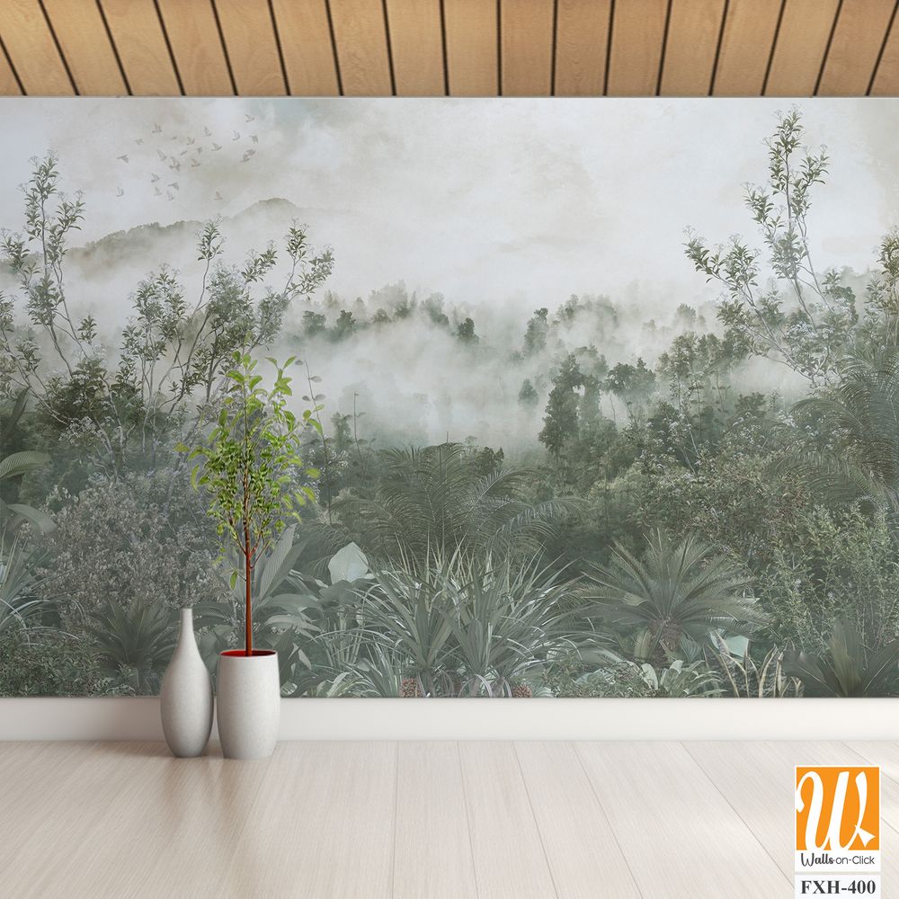 Tropical trees and leaves for digital printing wallpaper, custom design wallpaper - 3D illustration [WP-FXH-400]