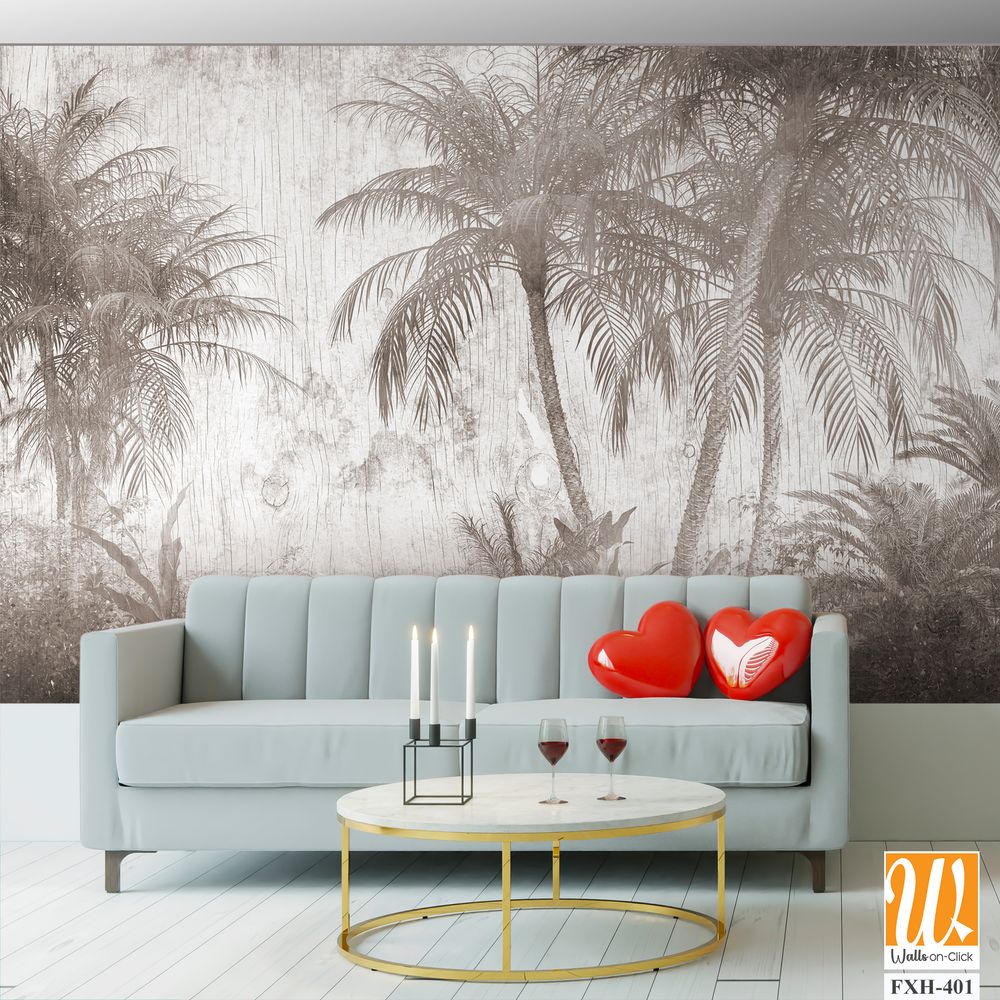 Tropical trees and leaves for digital printing wallpaper, custom design wallpaper - 3D illustration [WP-FXH-401]