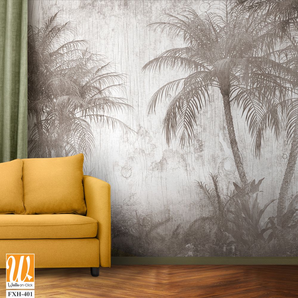 Tropical trees and leaves for digital printing wallpaper, custom design wallpaper - 3D illustration [WP-FXH-401]