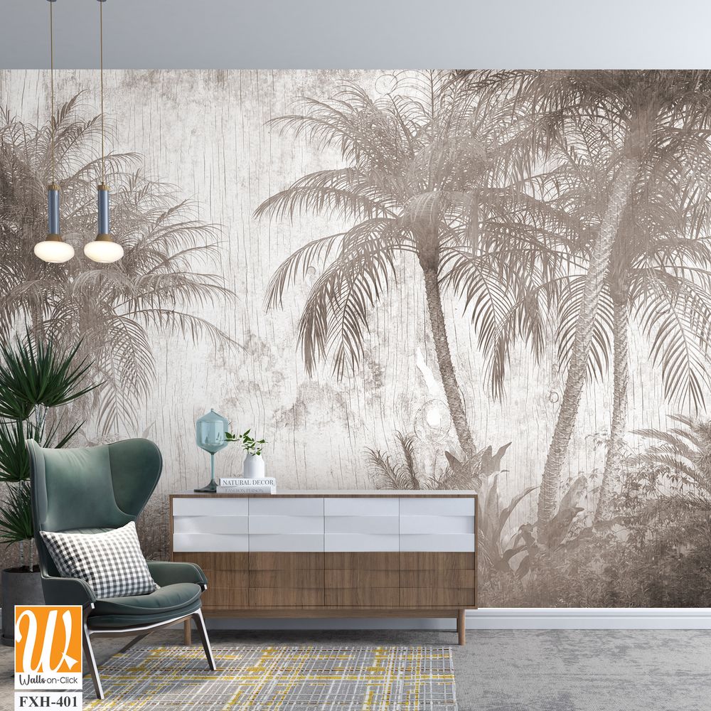 Tropical trees and leaves for digital printing wallpaper, custom design wallpaper - 3D illustration [WP-FXH-401]