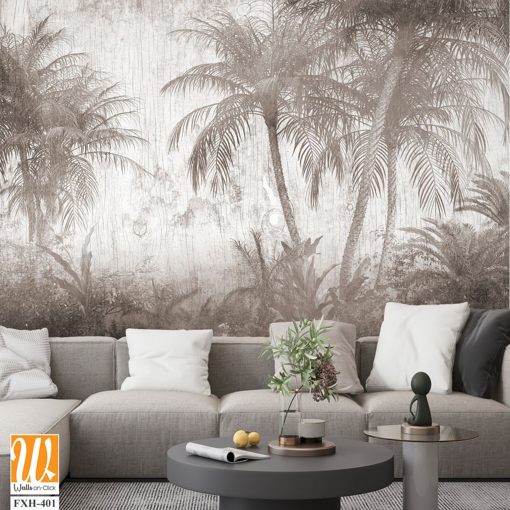 Tropical trees and leaves for digital printing wallpaper, custom design wallpaper - 3D illustration [WP-FXH-401]