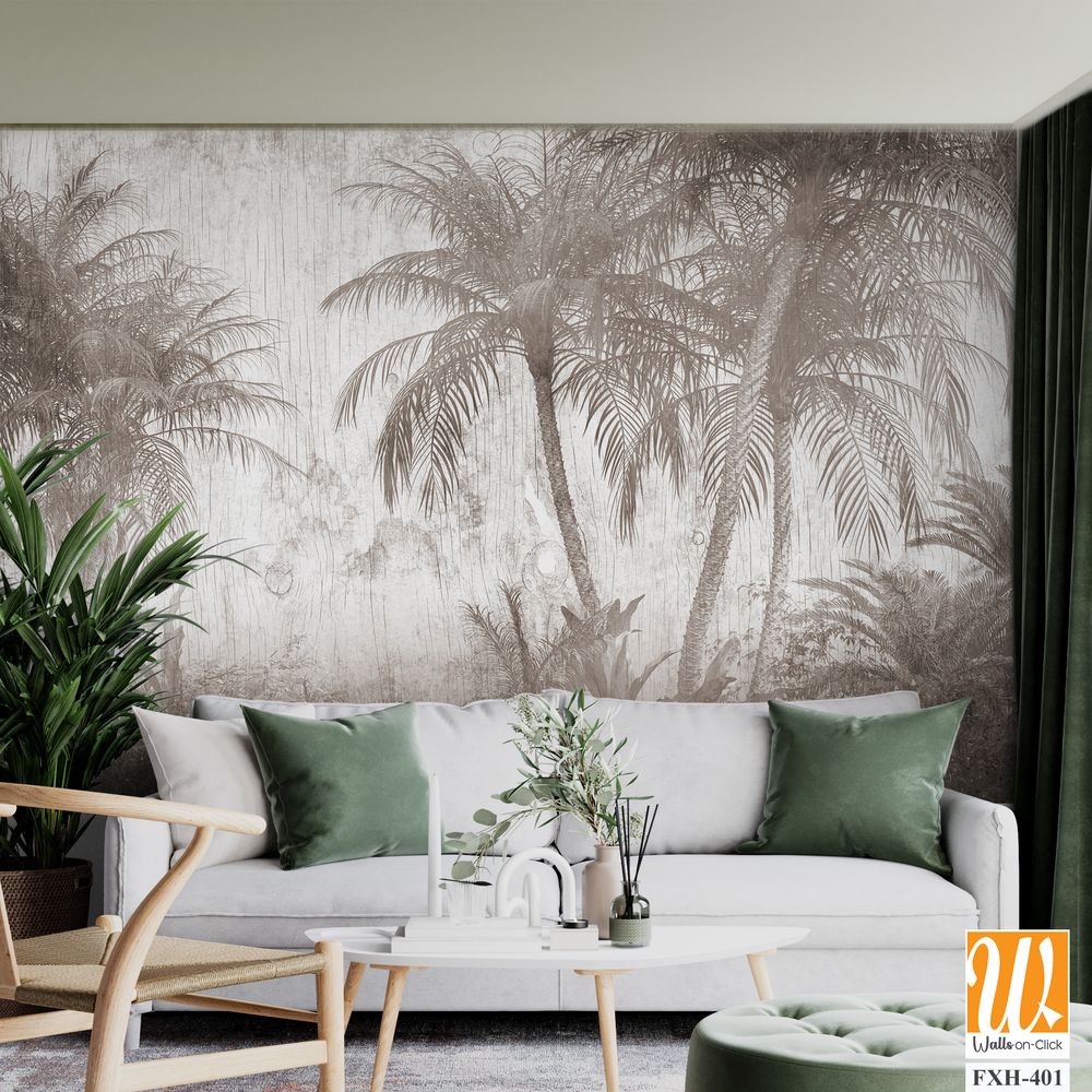 Tropical trees and leaves for digital printing wallpaper, custom design wallpaper - 3D illustration [WP-FXH-401]