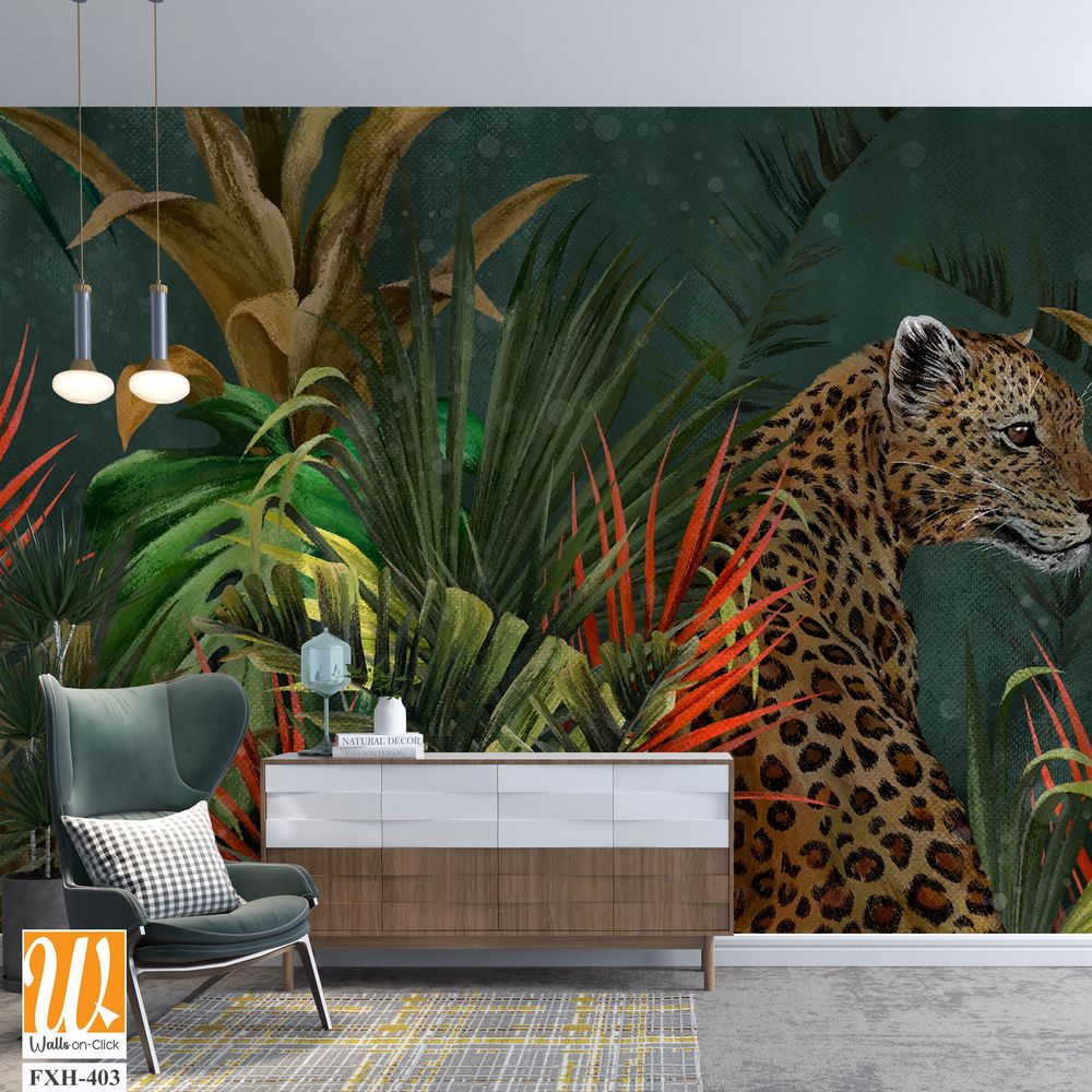 Wild cat in tropical leaves on a dark textural background photo wallpaper in the interior [WP-FXH-403]