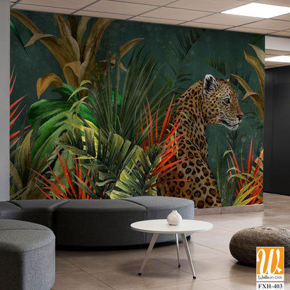 Wild cat in tropical leaves on a dark textural background photo wallpaper in the interior [WP-FXH-403]