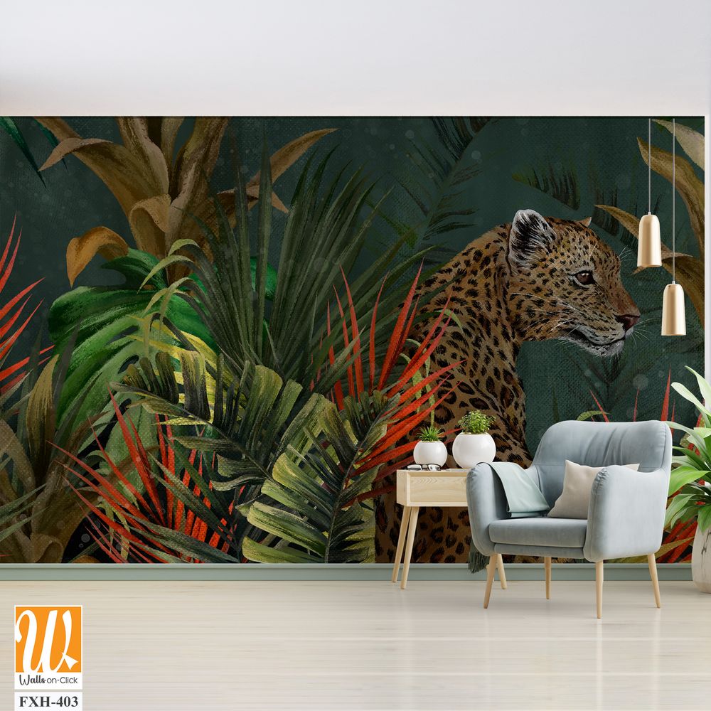 Wild cat in tropical leaves on a dark textural background photo wallpaper in the interior [WP-FXH-403]