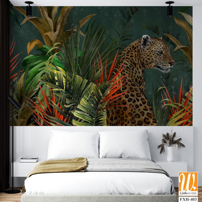 Wild cat in tropical leaves on a dark textural background photo wallpaper in the interior [WP-FXH-403]