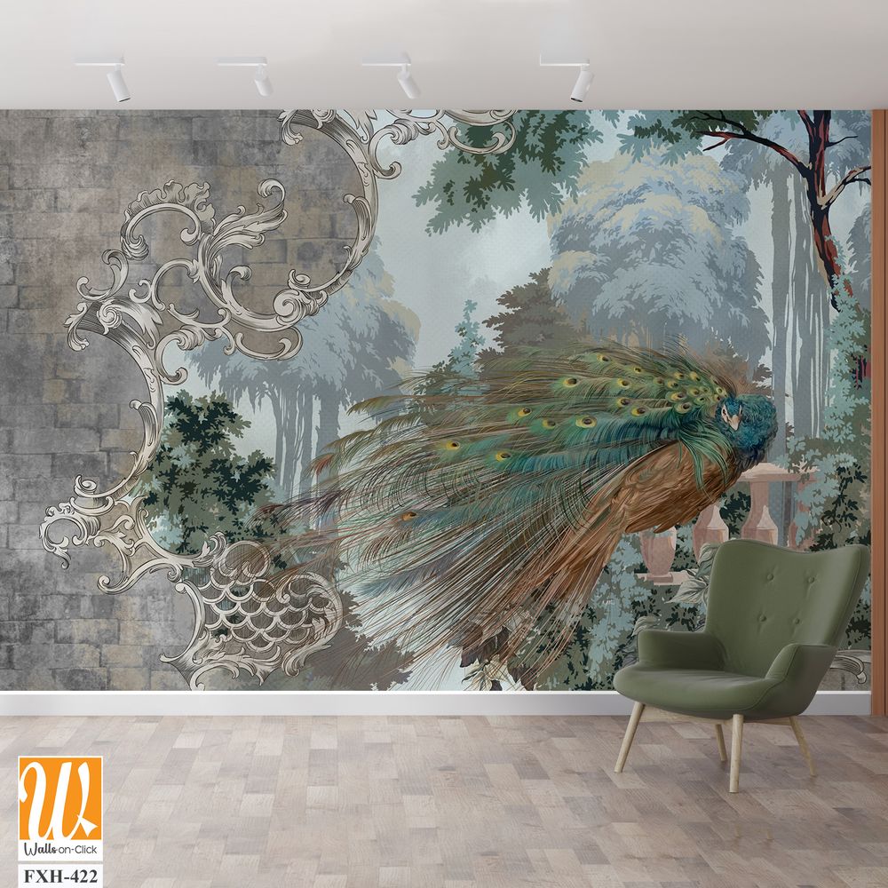 Peacock on the background of nature behind a textural wall, monograms along the edge of the tsen, art drawing, photo wallpaper in the interior [WP-FXH-422]