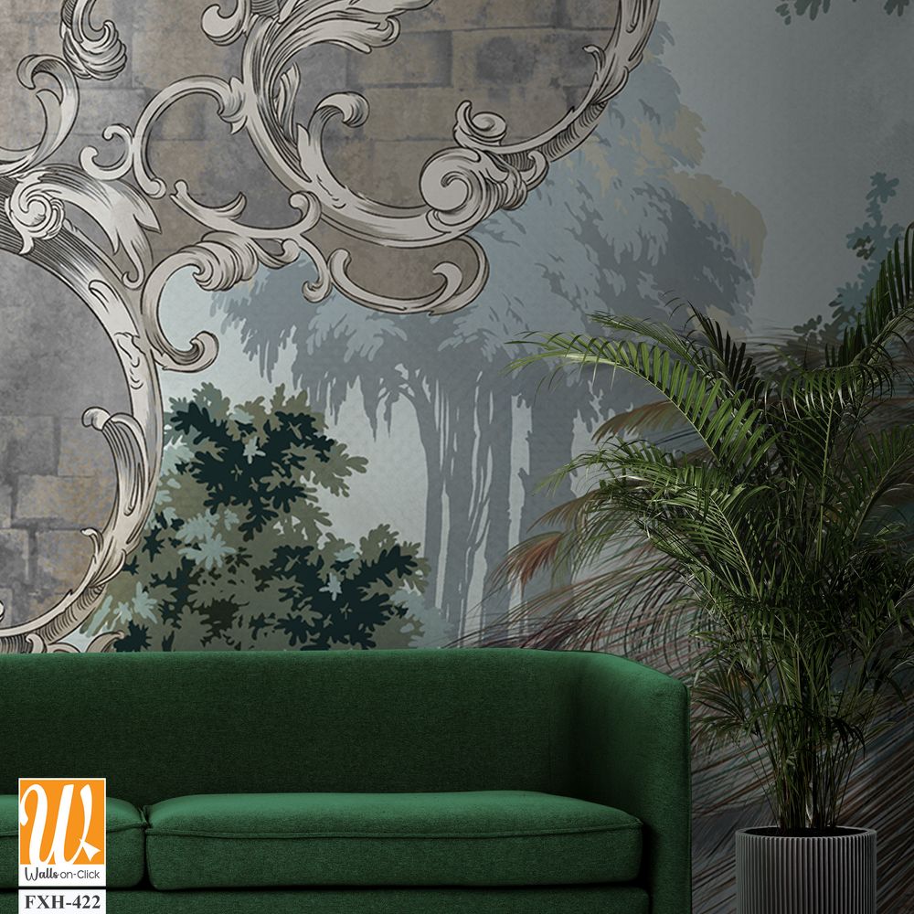 Peacock on the background of nature behind a textural wall, monograms along the edge of the tsen, art drawing, photo wallpaper in the interior [WP-FXH-422]