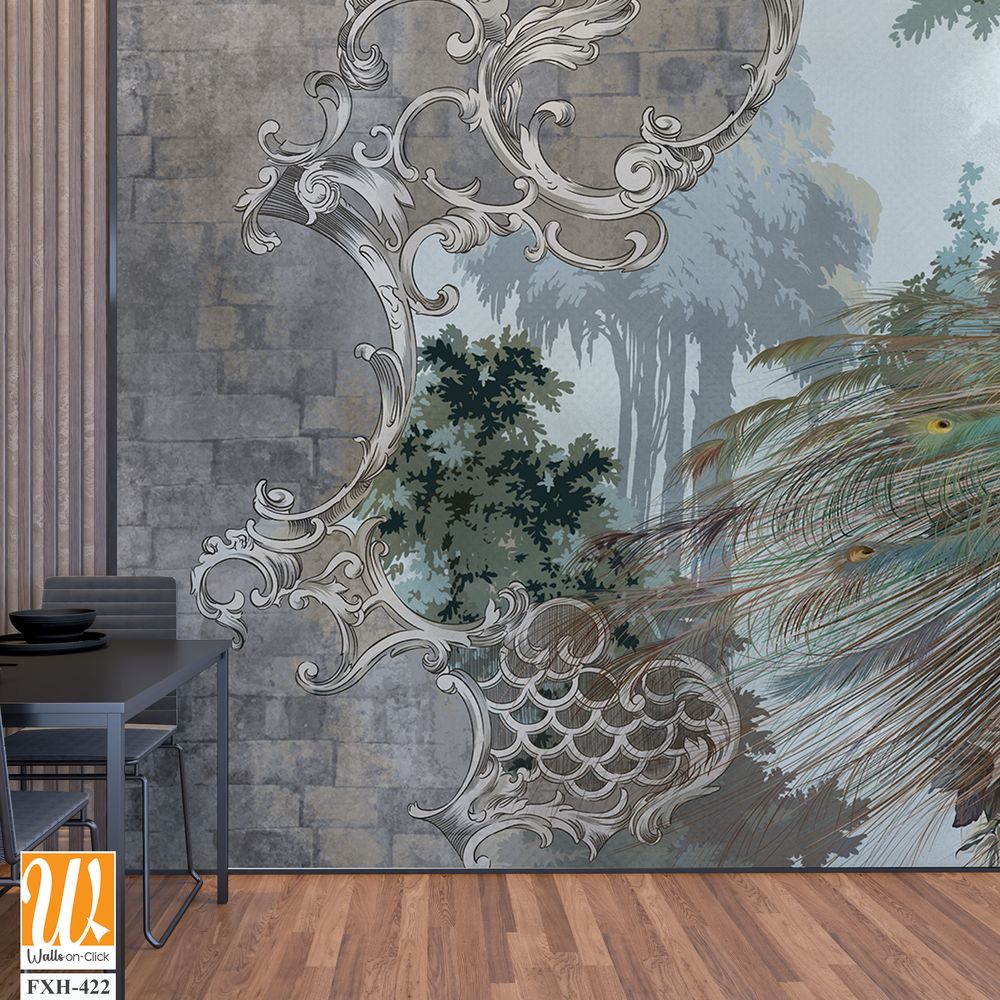 Peacock on the background of nature behind a textural wall, monograms along the edge of the tsen, art drawing, photo wallpaper in the interior [WP-FXH-422]