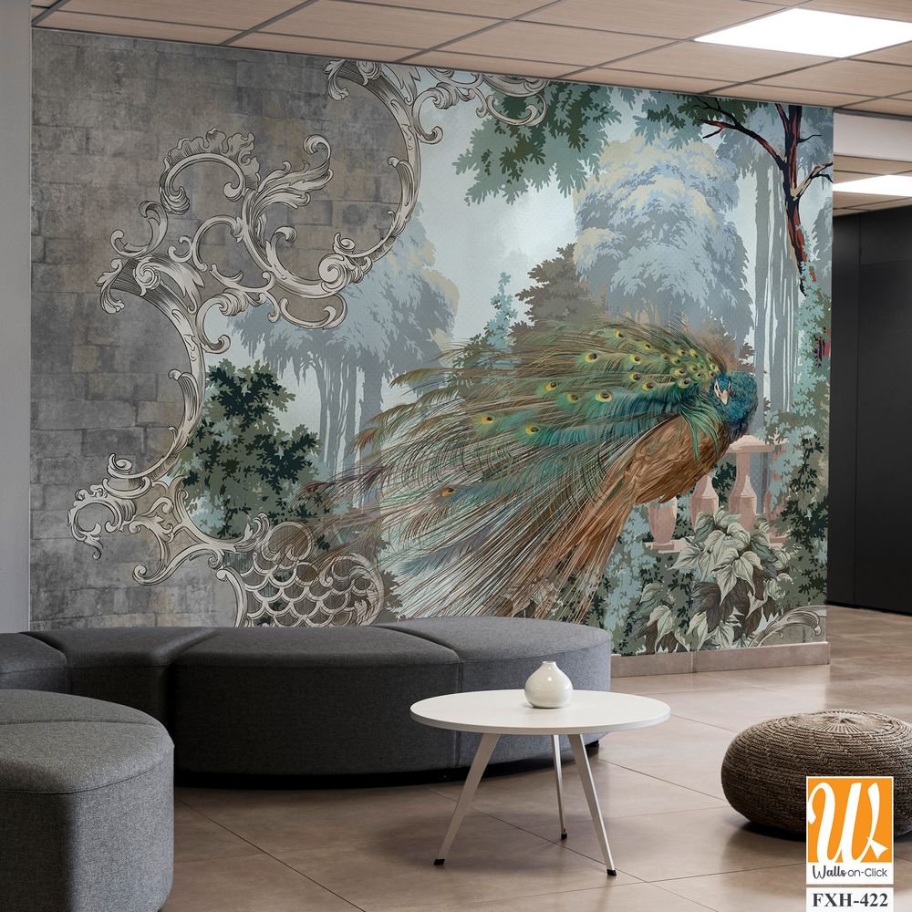 Peacock on the background of nature behind a textural wall, monograms along the edge of the tsen, art drawing, photo wallpaper in the interior [WP-FXH-422]