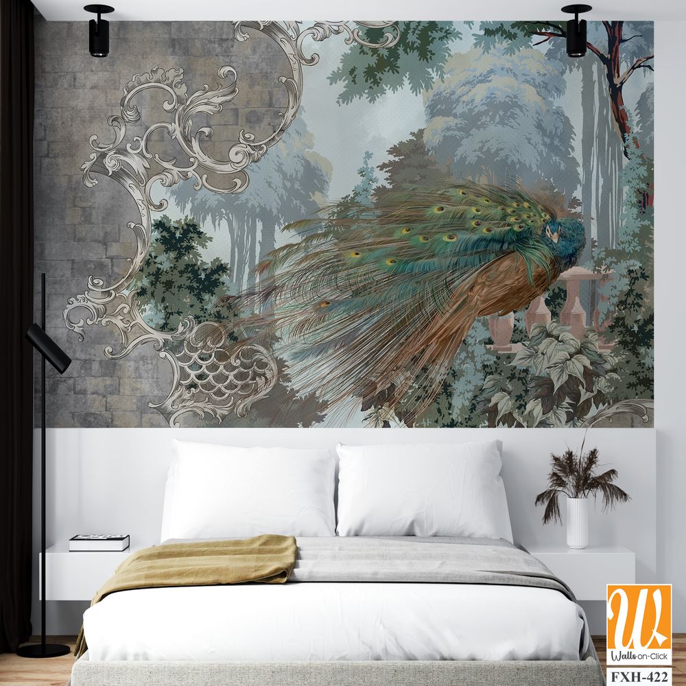 Peacock on the background of nature behind a textural wall, monograms along the edge of the tsen, art drawing, photo wallpaper in the interior [WP-FXH-422]