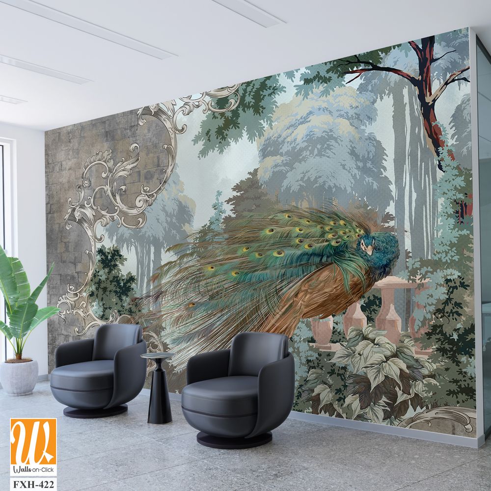 Peacock on the background of nature behind a textural wall, monograms along the edge of the tsen, art drawing, photo wallpaper in the interior [WP-FXH-422]