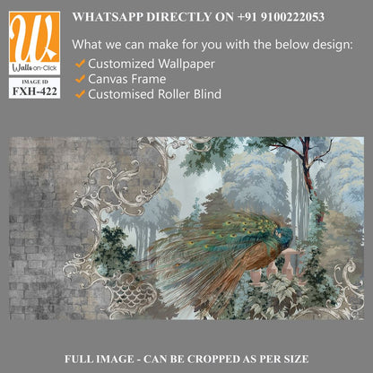 Peacock on the background of nature behind a textural wall, monograms along the edge of the tsen, art drawing, photo wallpaper in the interior [WP-FXH-422]