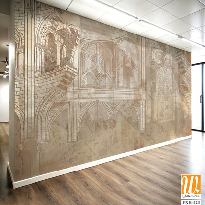 Architecture, art drawing, columns, monograms, vintage drawing photo wallpaper in the interior [WP-FXH-423]