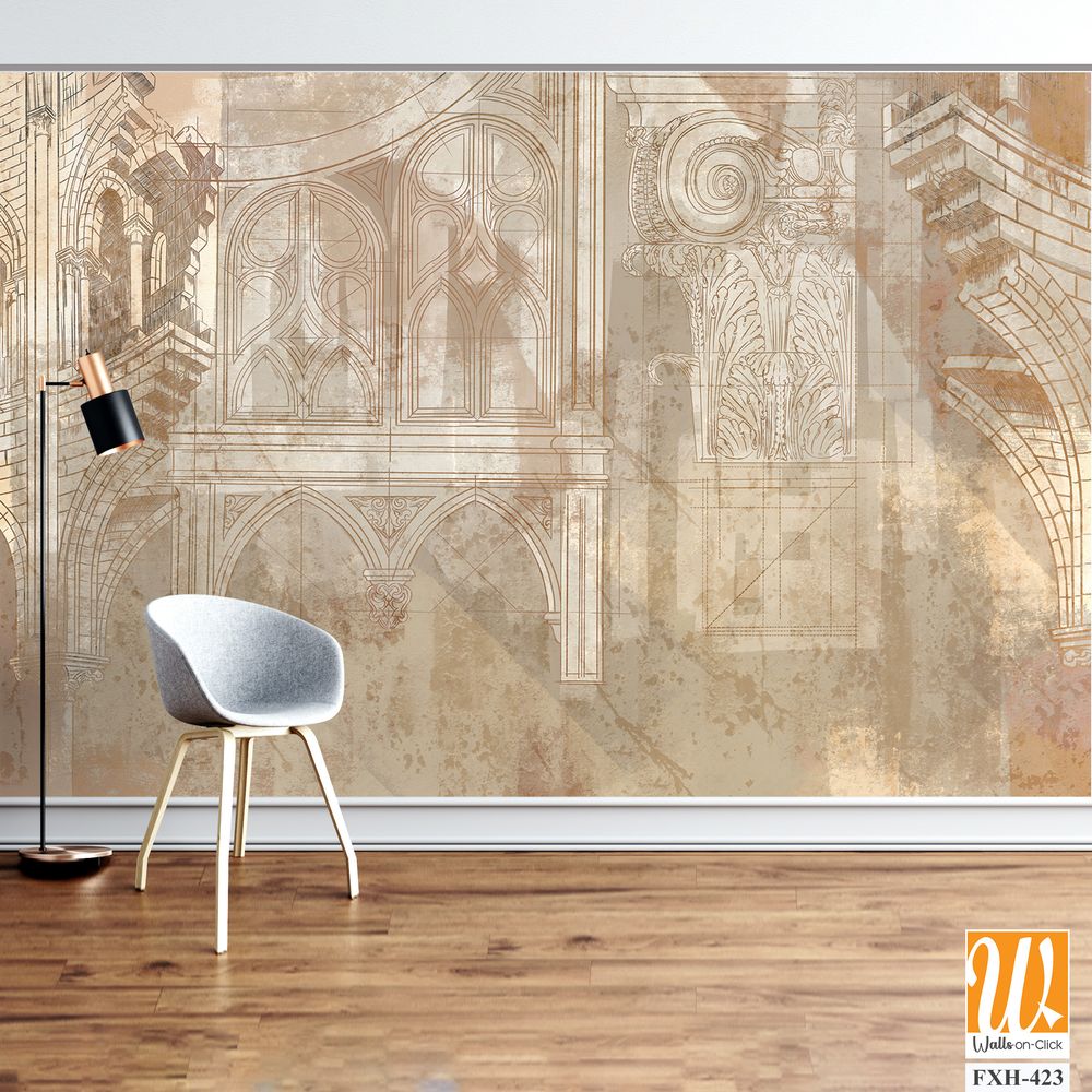 Architecture, art drawing, columns, monograms, vintage drawing photo wallpaper in the interior [WP-FXH-423]