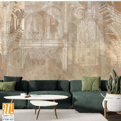 Architecture, art drawing, columns, monograms, vintage drawing photo wallpaper in the interior [WP-FXH-423]