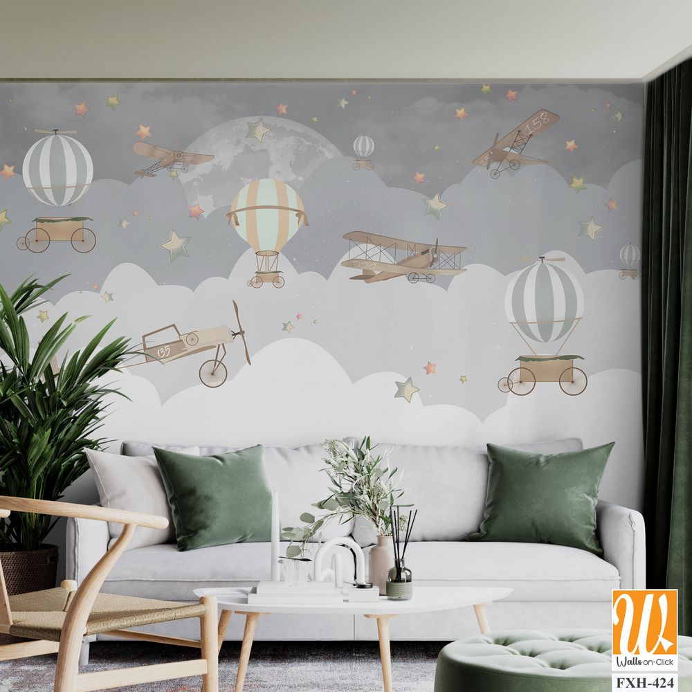 Balloons and airplanes with wings kids room wallpaper [WP-FXH-424]