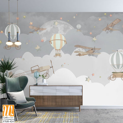 Balloons and airplanes with wings kids room wallpaper [WP-FXH-424]