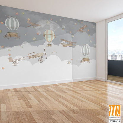 Balloons and airplanes with wings kids room wallpaper [WP-FXH-424]