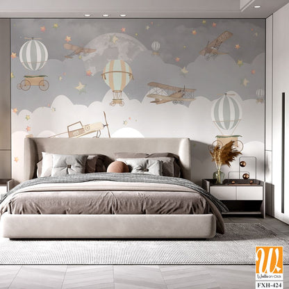 Balloons and airplanes with wings kids room wallpaper [WP-FXH-424]