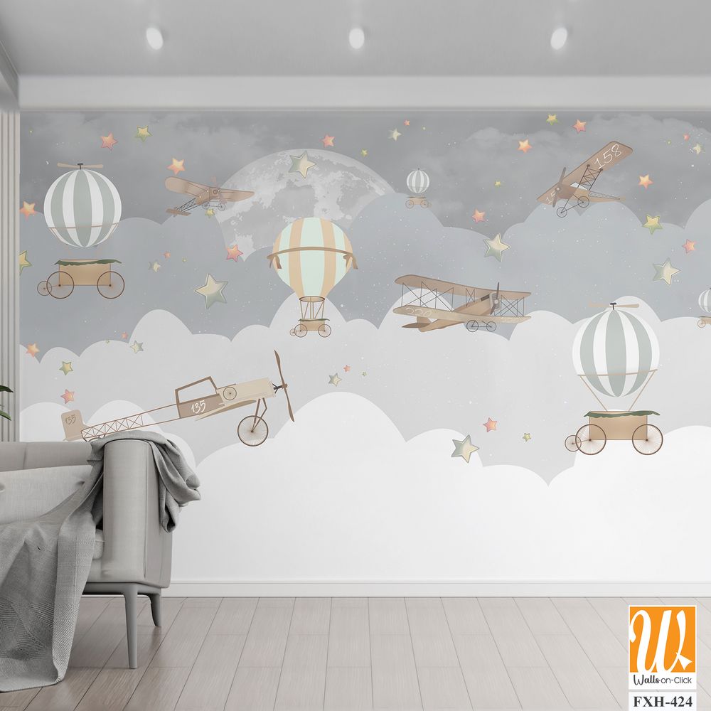 Balloons and airplanes with wings kids room wallpaper [WP-FXH-424]