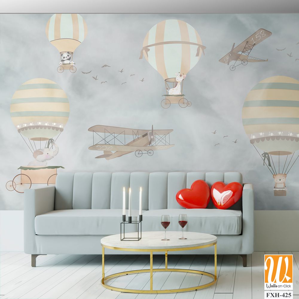 Balloons and cute animals Flying in the sky, Kids room wallpaper design [WP-FXH-425]