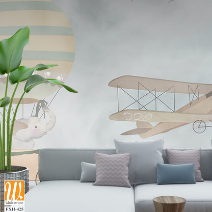 Balloons and cute animals Flying in the sky, Kids room wallpaper design [WP-FXH-425]