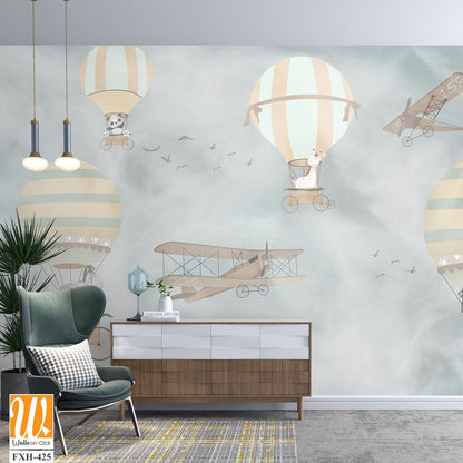 Balloons and cute animals Flying in the sky, Kids room wallpaper design [WP-FXH-425]