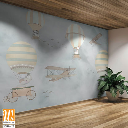 Balloons and cute animals Flying in the sky, Kids room wallpaper design [WP-FXH-425]