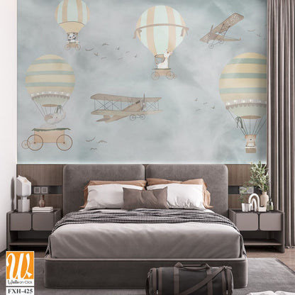 Balloons and cute animals Flying in the sky, Kids room wallpaper design [WP-FXH-425]