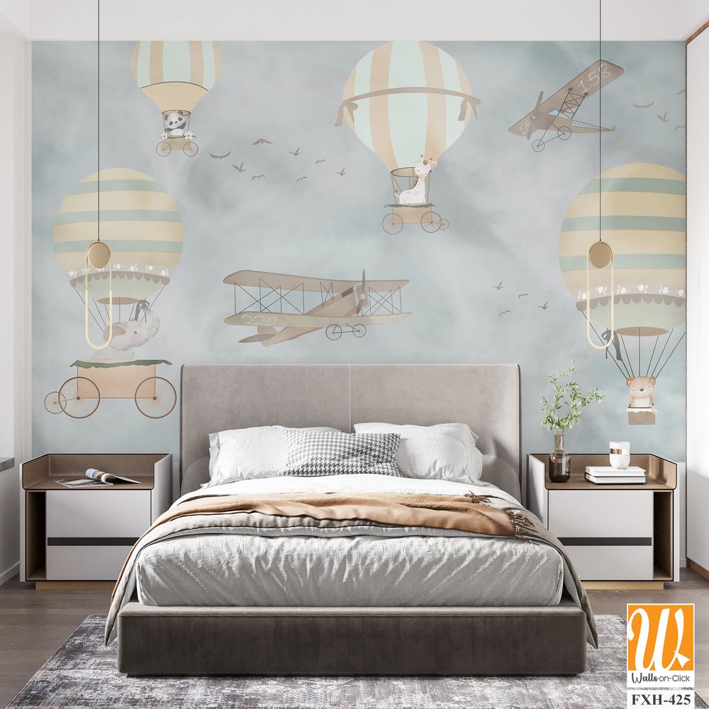 Balloons and cute animals Flying in the sky, Kids room wallpaper design [WP-FXH-425]