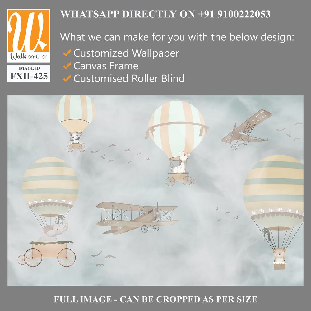 Balloons and cute animals Flying in the sky, Kids room wallpaper design [WP-FXH-425]