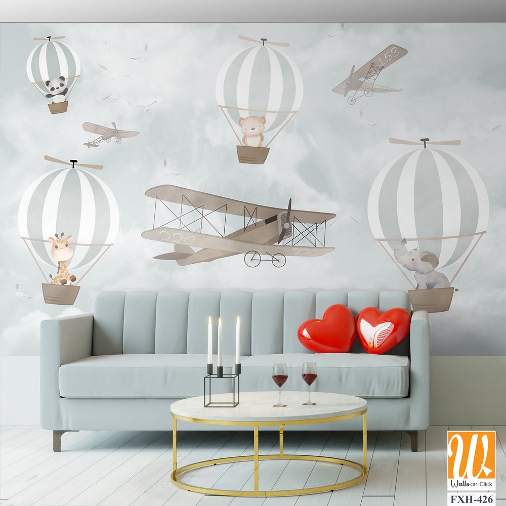 Balloons and cute animals Flying in the sky, Kids room wallpaper design [WP-FXH-426]