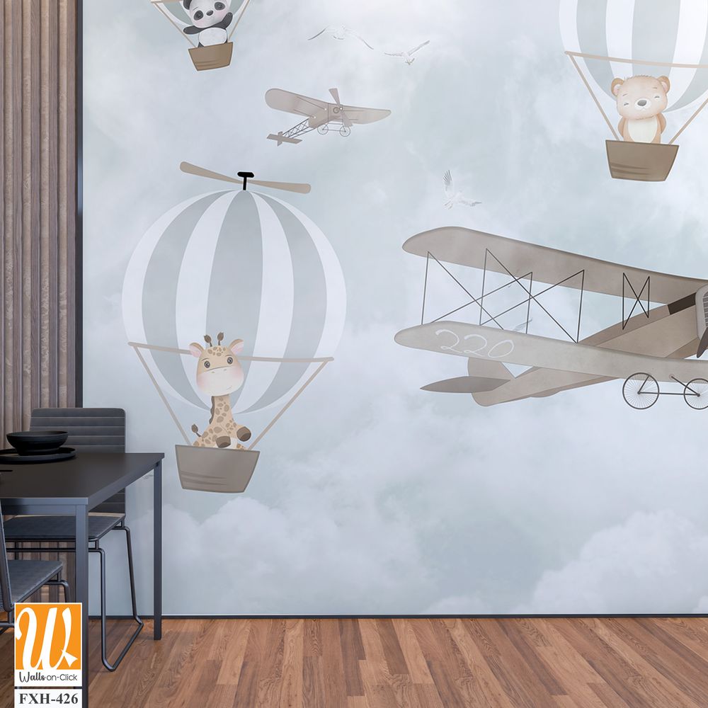 Balloons and cute animals Flying in the sky, Kids room wallpaper design [WP-FXH-426]