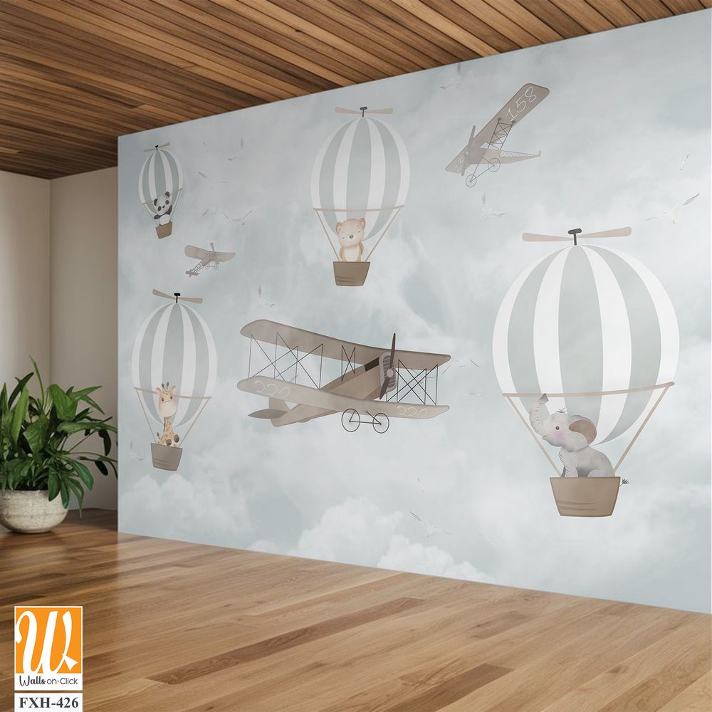 Balloons and cute animals Flying in the sky, Kids room wallpaper design [WP-FXH-426]