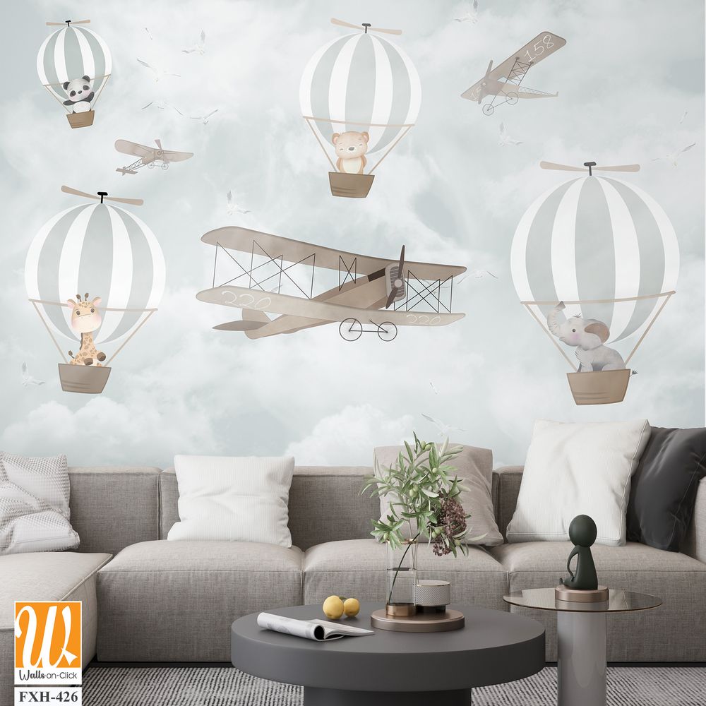 Balloons and cute animals Flying in the sky, Kids room wallpaper design [WP-FXH-426]