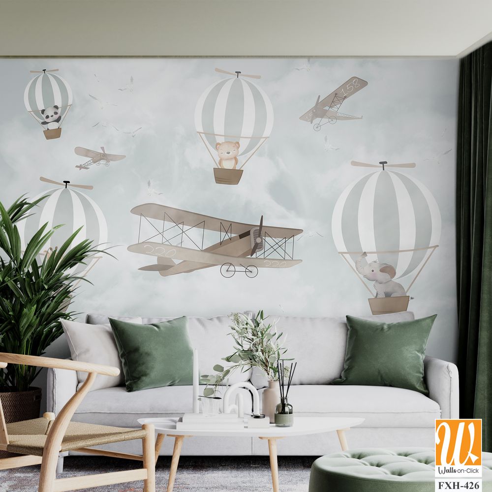 Balloons and cute animals Flying in the sky, Kids room wallpaper design [WP-FXH-426]