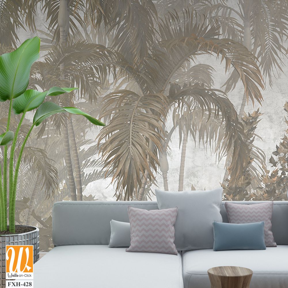 Tropical trees and leaves for digital printing wallpaper, custom design wallpaper - 3D illustration [WP-FXH-428]