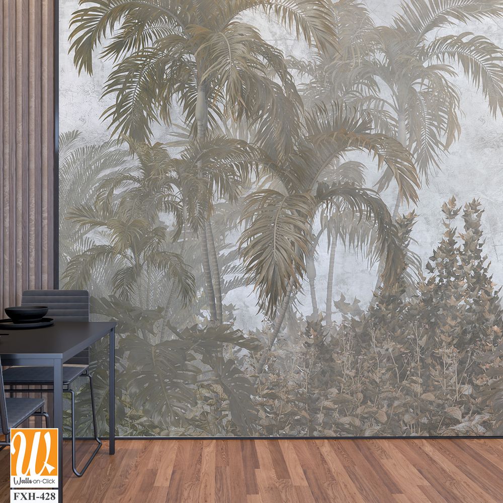 Tropical trees and leaves for digital printing wallpaper, custom design wallpaper - 3D illustration [WP-FXH-428]