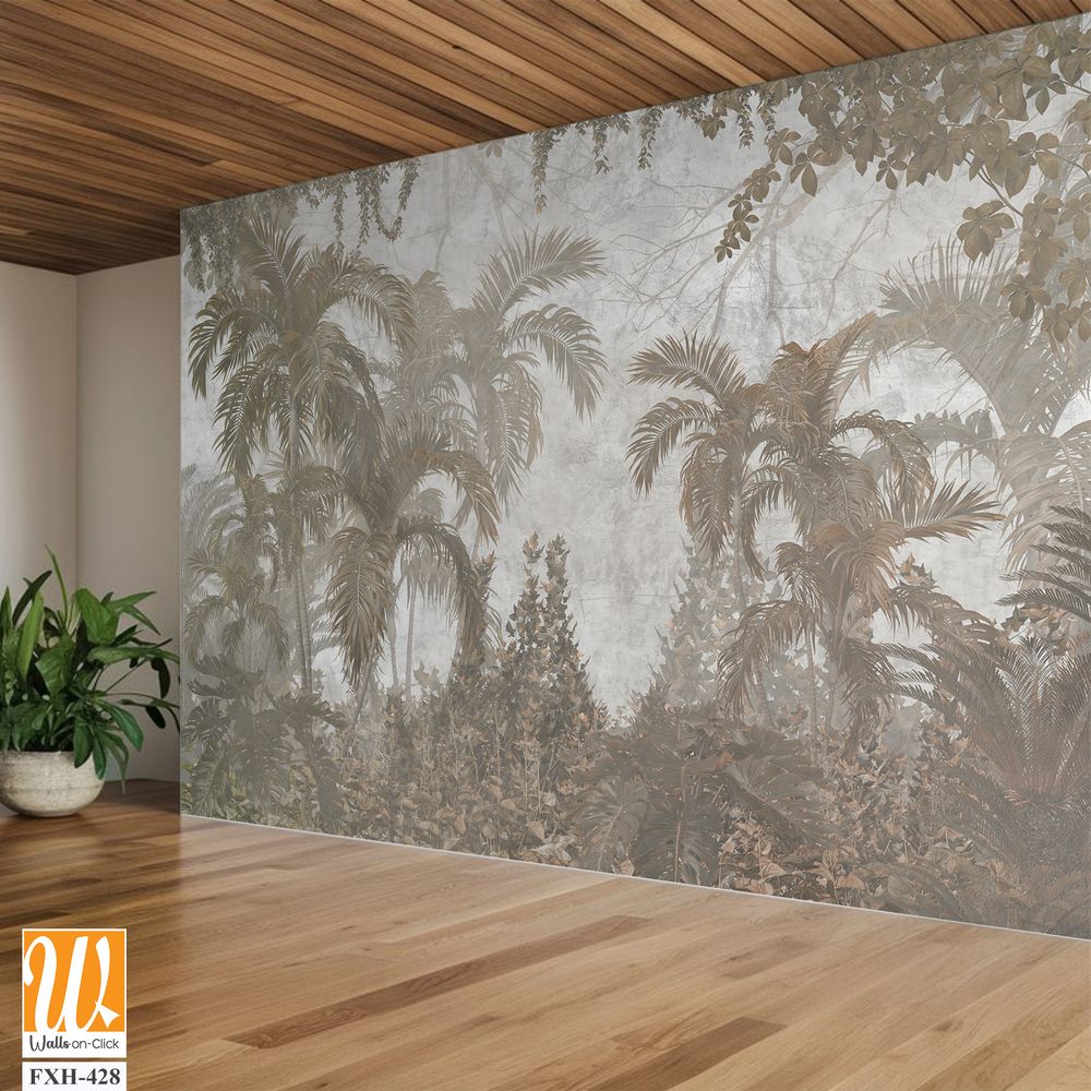 Tropical trees and leaves for digital printing wallpaper, custom design wallpaper - 3D illustration [WP-FXH-428]