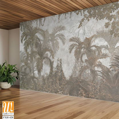 Tropical trees and leaves for digital printing wallpaper, custom design wallpaper - 3D illustration [WP-FXH-428]