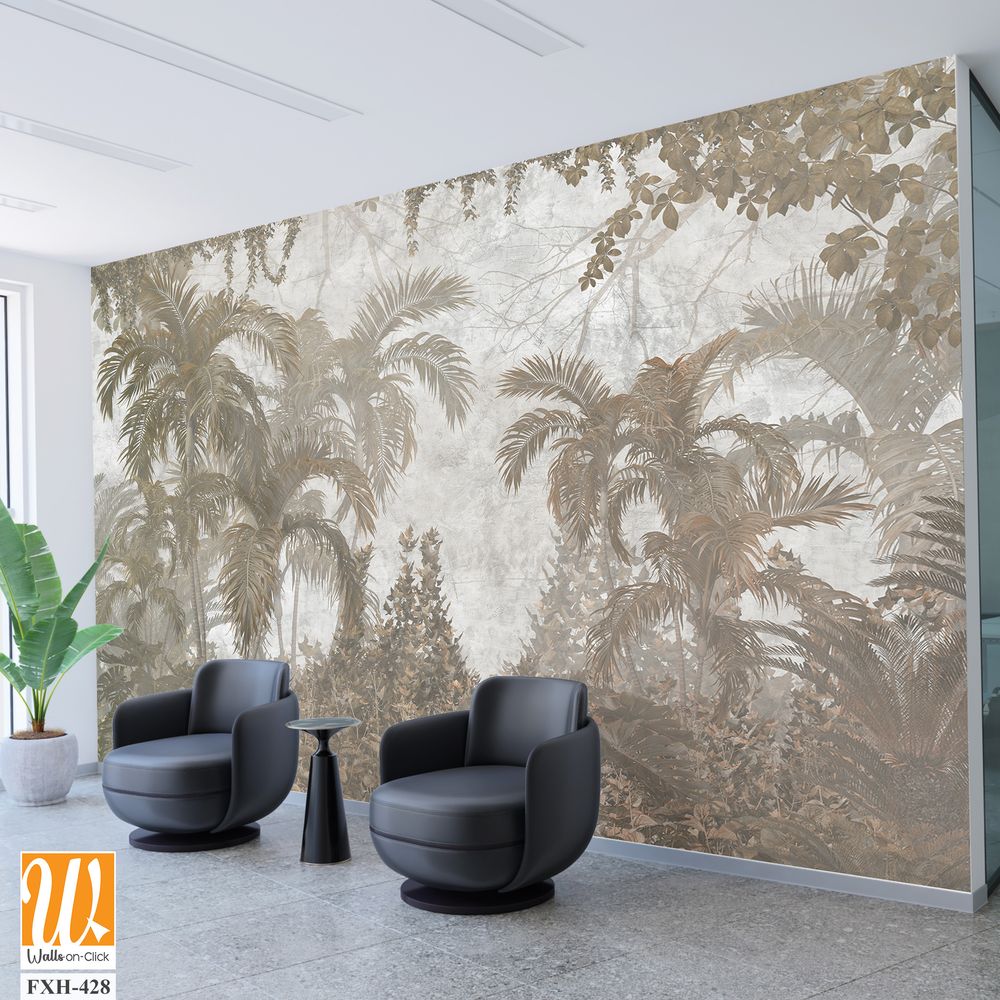 Tropical trees and leaves for digital printing wallpaper, custom design wallpaper - 3D illustration [WP-FXH-428]